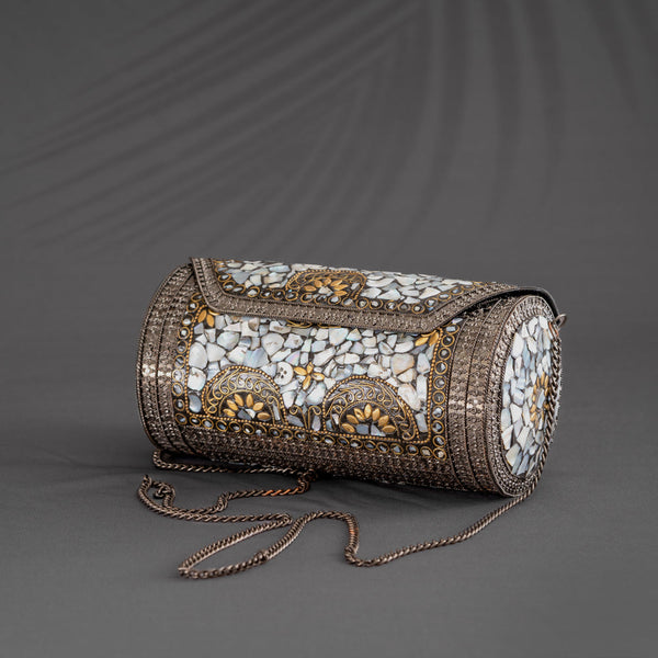 Mosaic White Studded Stones Oxidized Cylinder shaped Metal Bag - With Oxidized Chain