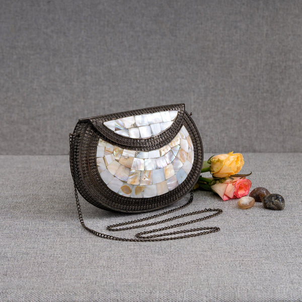 Mosaic Pot shape Round Metal Oxidized Bag with White Stones - Chain Belt