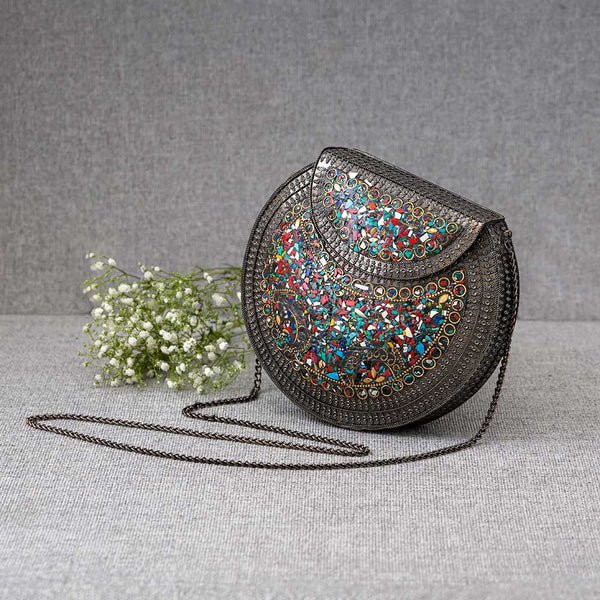 Round Metal Multicolor Big Stone oxodise Bag - with Chain Belt