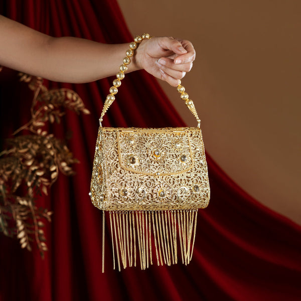 Metal Square Golden Bag with lite Acrylic Diamond Stone work & Hanging golden chain - With metal ball chain