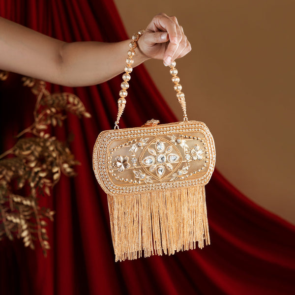 Metal Rectangle Golden Bag with lite acrylic diamond work & Golden tassels - with golden metal ball chain