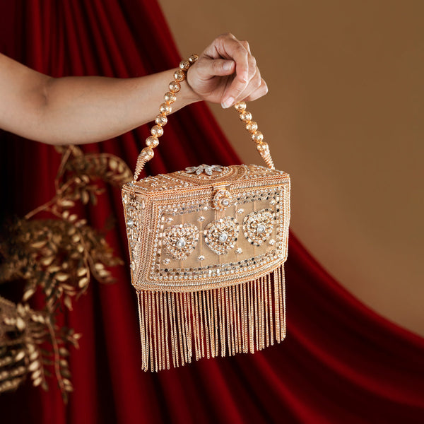 Metal Rectangle Rose Gold Bag with lite Acrylic Diamond Stone work & Hanging golden Tassels- With metal ball chain & Triangle Sides