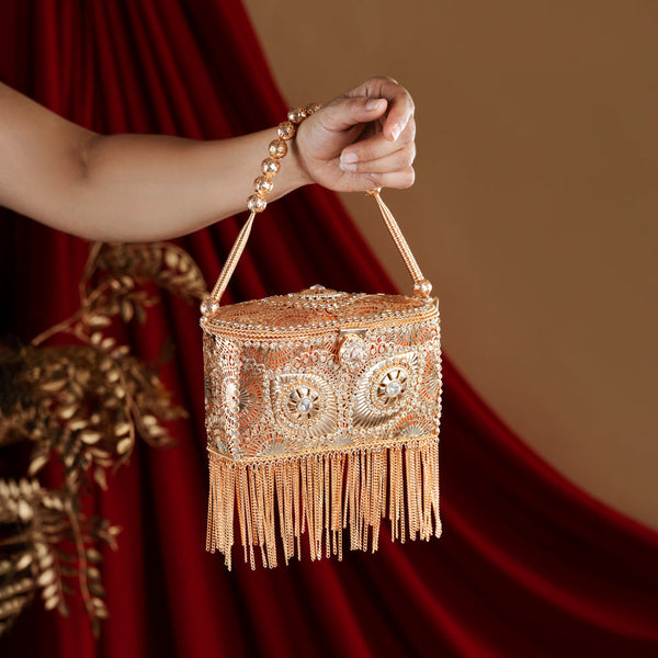 Metal Rectangle Rose Golden Bag with lite Acrylic Diamond Stone work & Tassels - With metal ball chain