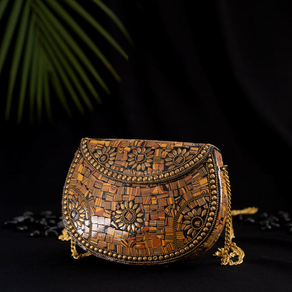 Mosaic Brown Studded Stones Metal Bag - With Golden Chain