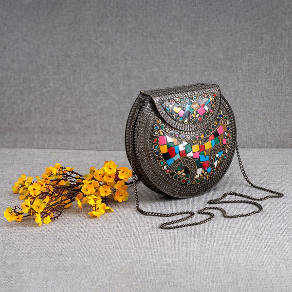 Mosaic Round Metal Multicolor small Stone oxidized Bag - with Chain Belt