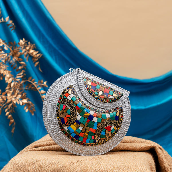 Mosaic Silver Metal Bag (Pot Shape) with Multicolor Stones